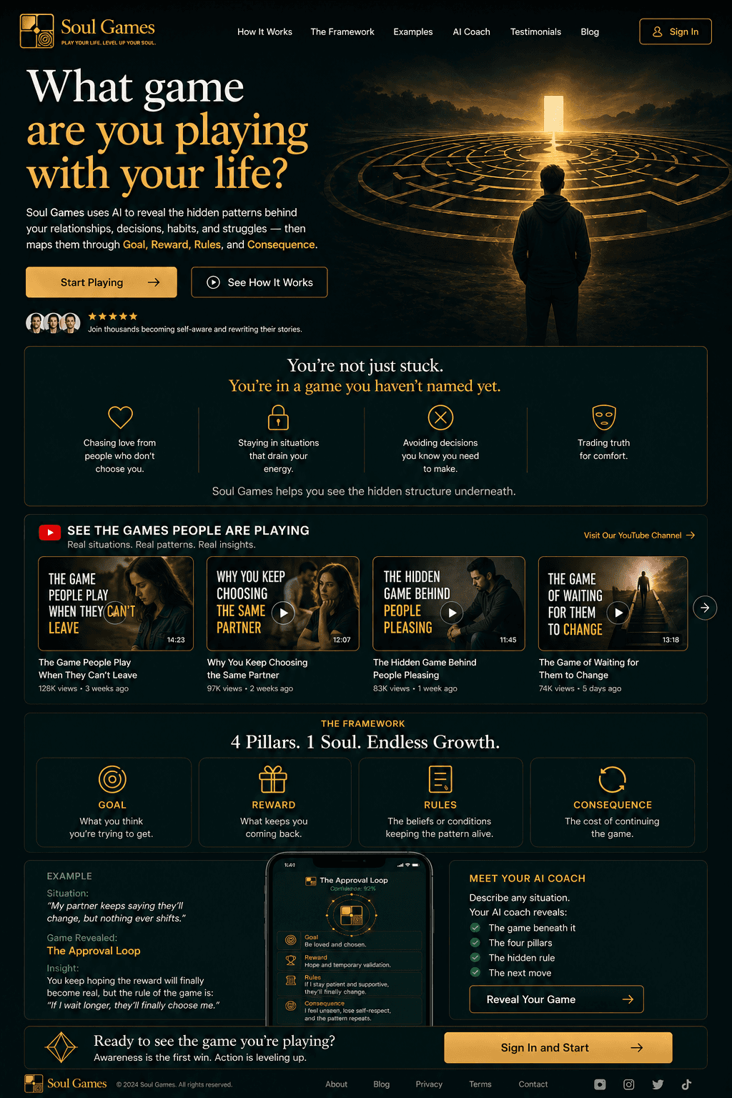 Soul Games app home screen, showing the four pillars and coaching flow